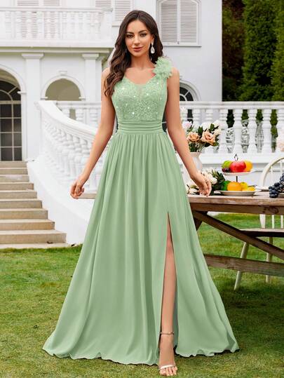 MIUSOL Đầm maxi dự tiệc trang trọng, chất liệu chiffon, cổ chữ V sâu, xếp ly, ren hoa đính sequin, thích hợp làm đầm phù dâu, dự tiệc cưới, lễ tốt nghiệp, dạ hội và các dịp khác.