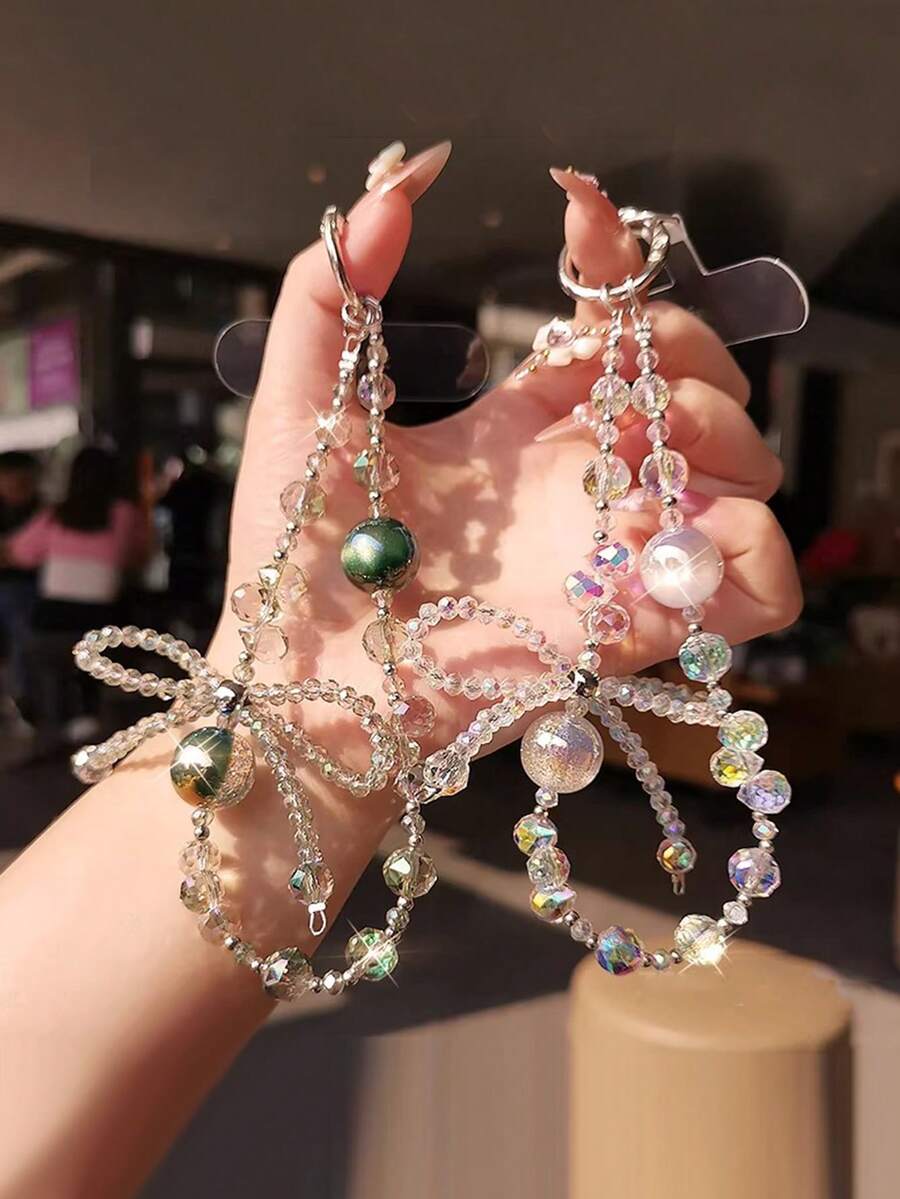手工水晶蝴蝶结串珠腕带，耐用手机挂绳，优雅户外携带链 - 彩色 - 查看 1