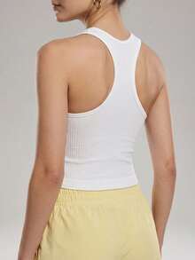 Áo tank top thể thao dệt kim cổ tròn dáng ngắn có gân - trắng - Xem 3