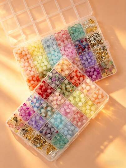 100pcs/390pcs/500pcs/680pcs/Multicolor Glass Beads Kit With Charms, 24 Grids DIY Jewelry Making Supplies For Bracelet Necklace Earrings, Handmade Craft Beading Set For Girls Women