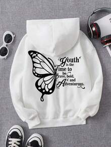 Moletom Borboleta Feminino Algodão Estampada nas Costas Preto e Branco Com Capuz e Gorro - Branco - Visão 1