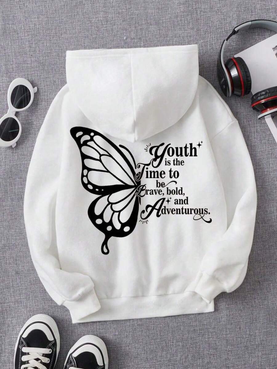 Moletom Borboleta Feminino Algodão Estampada nas Costas Preto e Branco Com Capuz e Gorro - Branco - Visão 1