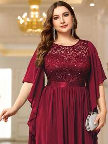 Plus Size Elegant Sequin Lace Patchwork Chiffon Butterfly Sleeve Ruffle Hem Formal Party Maxi Dress Spring Red - Red - View 7