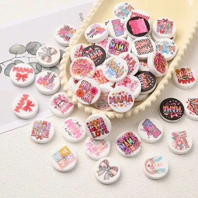 5pcs, 28mm Round Printed Silicone Beads, Mother's Day Gift DIY Bracelet, Pen Beads, Keychain And Bag Charm Decoration Beads