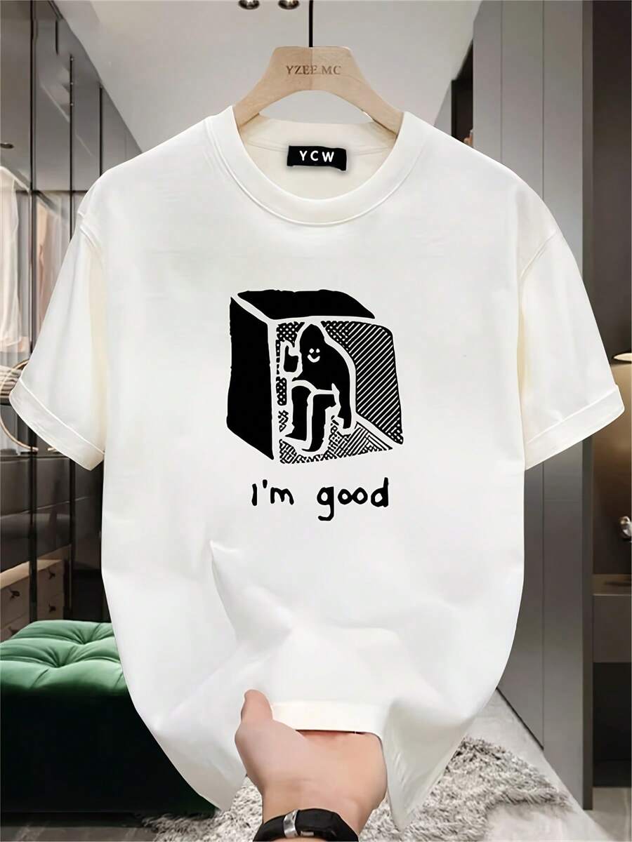 Camiseta de Algodón 100% de Alto Gramaje para Hombre - Suave, con Cuello Redondo y Estampado Minimalista "I'm Good" - Camiseta Casual para Uso Diario para Adolescentes y Adultos - Lavable a Máquina, Prenda Esencial para el Día a Día, Camiseta con Estampado Divertido - Blanco - Ver 1