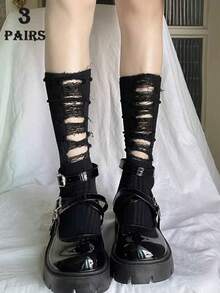 1/3 pares de calcetines largos y huecos personalizados para mujer, calcetines creativos de moda adecuados para uso diario - Negro - Ver 6