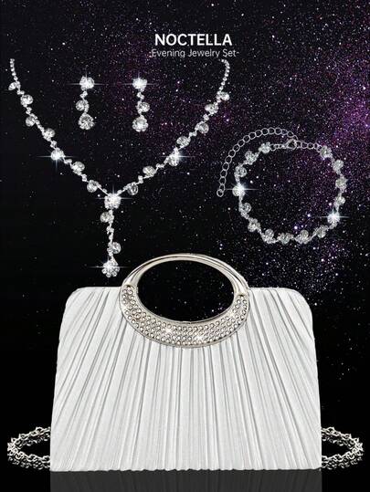 Noctella 4-Piece Rhinestone Jewellery Set, Including Necklace, Earrings, And Bracelet, Paired With A Luxurious Sparkling Rhinestone Evening Bag, Elegant And Stylish Pleated Handbag, Suitable For Parties, Romantic Weddings, Spring And Summer Shoulder Bags, Bridal Bags, And Formal Evening Events