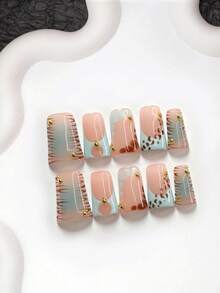 10pcs Y2K Style Handmade Nail Art Set, Including Gel Nail Kit, Metal Ball Decor, Hand-Painted Brown Branch Texture, Blue Stone Path Pattern, Brown Leopard Print Nail Decor, Light Blue Ombre Decor, Blue Nail Polish, Suitable For Various Occasions Like Parties, Daily Wear, Photoshoots, Dates, Commuting In Spring/Summer, Comes With Nail Tools (1 Jelly Sticker + 1 Nail File), Available In 3 Shapes: Almond, Duck Mouth, Coffin - Nhiều màu - Xem 2