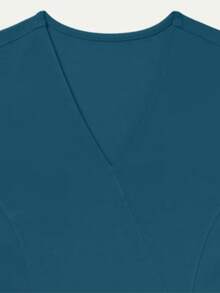 V-Neck Short Sleeve Top, Women's Fashionable Commuter Workwear For Beauty Salons, Comfortable Casual Blouse - Teal Blue - View 4