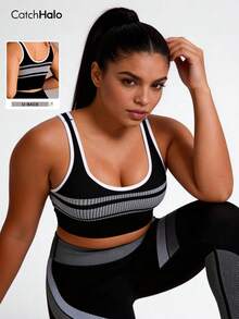 Plus Size Striped Activewear Top, Square Neck Backless Sports Bra Suitable For Yoga And Low-Intensity Workouts Black Summer - Black - View 10