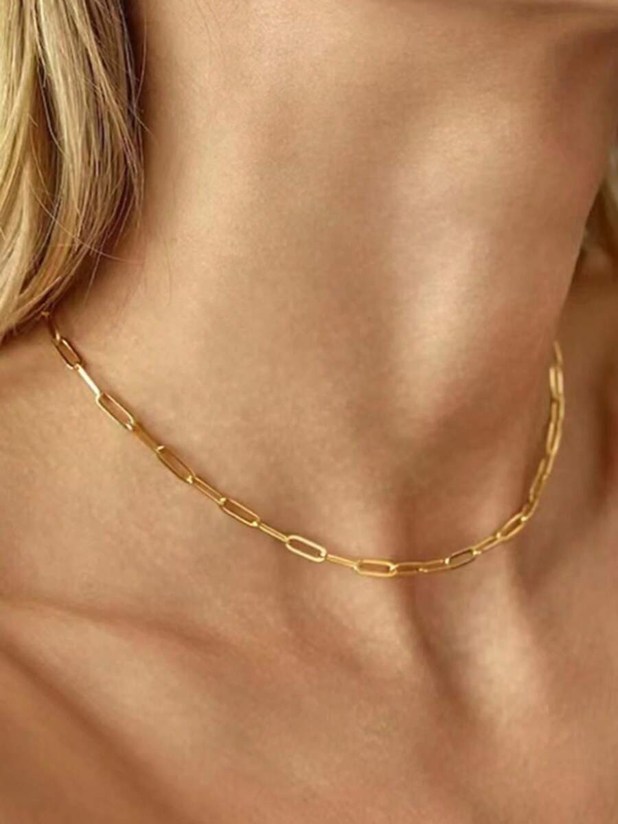 1 chiếc dây chuyền kiểu kẹp giấy tối giản bằng thép không gỉ mạ vàng 18k, chống thấm nước, kiểu mắt xích kẹp giấy, dây chuyền ôm sát cổ cho nữ. - Vòng cổ - Xem 1