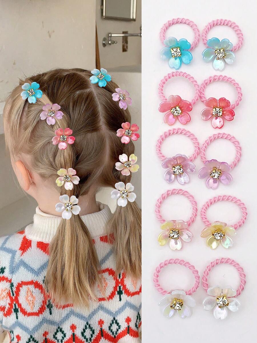 10个可爱渐变珠光花朵发圈，弹性发绳，日常发饰