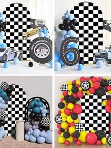 Black And White Checkered Racing Theme Arch Backdrop, Suitable For Baby Shower Party, Birthday Party Decoration, Racing Theme Party, Football Party Decoration. Black And White Checkered Monster Truck Birthday Party Decoration Arch Backdrop, Stretchable Round Racing Arch Backdrop, Perfect For Children And Boys "Let's Race" Theme Party Supplies (Black And White) (Arch Frame Not Included) - Multicolor - View 5