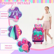 3 pezzi/set Zaino con rotelle per ragazze con borsa a tracolla, zaino scolastico con ruote e stampa carina, bagaglio a rotelle leggero - Borsa a rotelle per ragazze - Visualizzare 5
