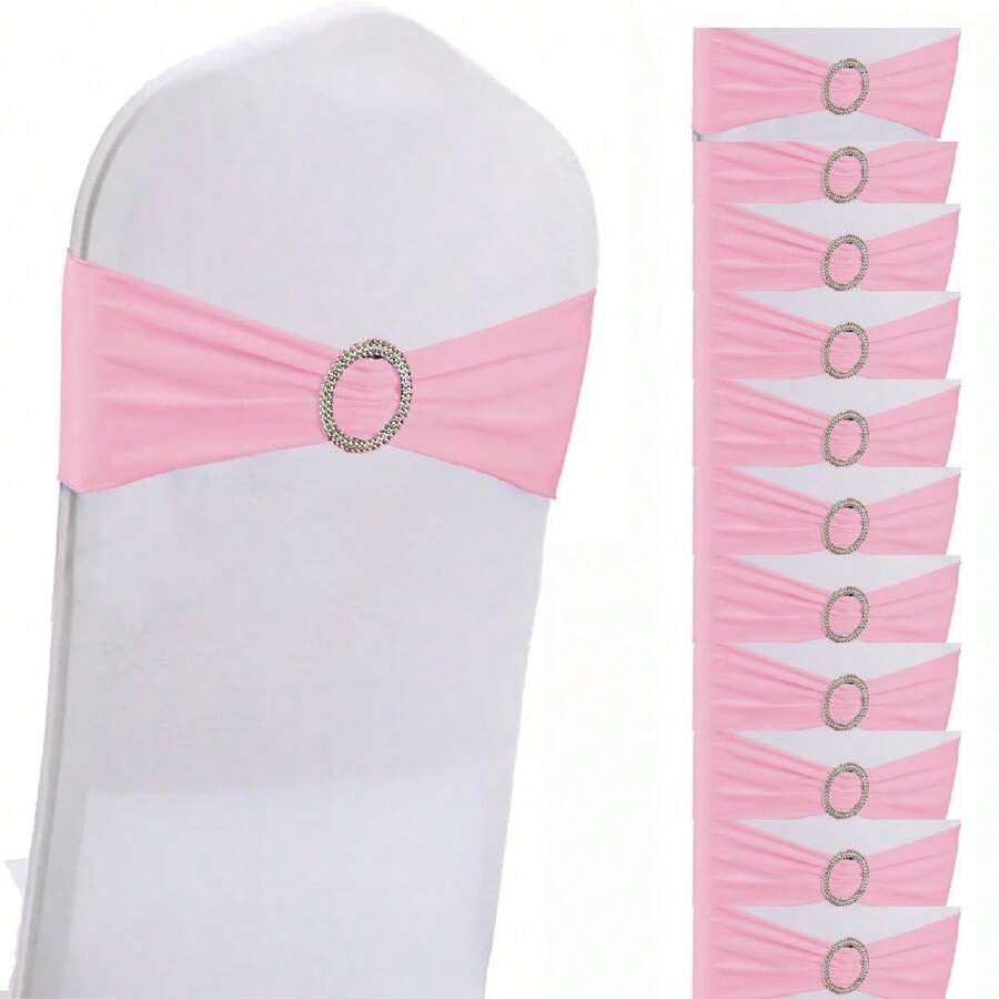 10 piezas de lazos elásticos para sillas con hebillas redondas deslizantes, fajines de silla de spandex para graduación, baile de graduación, boda, decoración de fiesta - Rosa - Ver 1