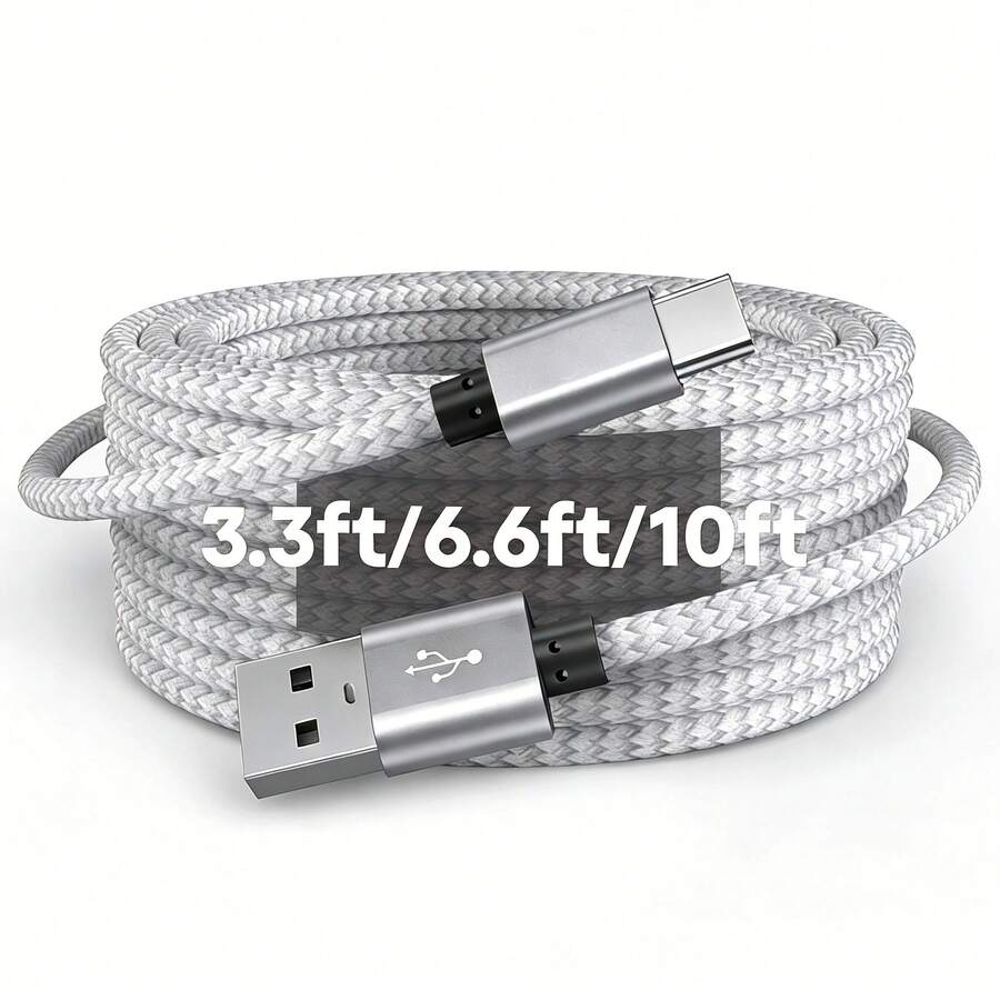 USB A 转 Type-C 3A 快充数据线[3.3 英尺/6.6 英尺/10 英尺] USB-C 快充尼龙编织线，兼容三星 Galaxy S26 S25 S24 S23 S22 S21 S10、Note 20 10 9 A51 G8 G7、Pixel 及其他 USB-C 设备，白色，女士节礼物 - 銀色 - 查看 1
