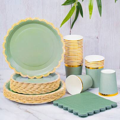 Sage Green & Gold Rim Petal Shaped Disposable Plate, Napkin & Cup Set, Plates, Napkins And Cups Party Supplies Suitable For 24 Guests, Disposable Paper Plates Party Tableware Suitable For Birthday, Wedding, Party, Family Picnic