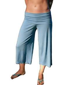 Fold Over Wide Leg Capri Pants For Women Low Rise Lounge Yoga Flare Culottes Y2k Flowy Crop Palazzo Pants Beach - 藍色 - 查看 3