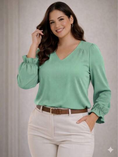 Blusa Feminina Manga Longa Crepe Duna Social Elegante Trabalho Plus Size GG G1 G2 G3 Moda Evangélica - Verde Menta