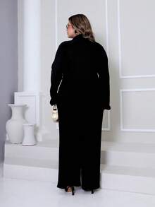 Women's Plus Size Winter Set, Plain, Consisting Of Wide-Leg Pants And A Zippered Top In Ribbed, Fleece-Lined Knit Fabric. - 黑色 - 查看 8