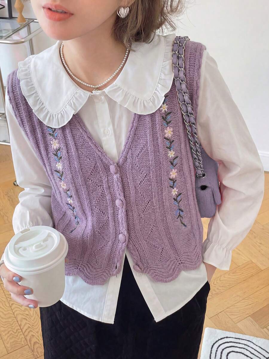 Áo khoác cardigan cổ chữ V thêu Tonlion, thiết kế giúp trẻ hóa làn da. - màu tím xám - Xem 1