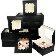 12 paquetes de cajas de panadería con ventana de 6x6x3 pulgadas, gruesas y resistentes, cajas para macarrones, pasteles y galletas para panaderías - Negro - Ver 1