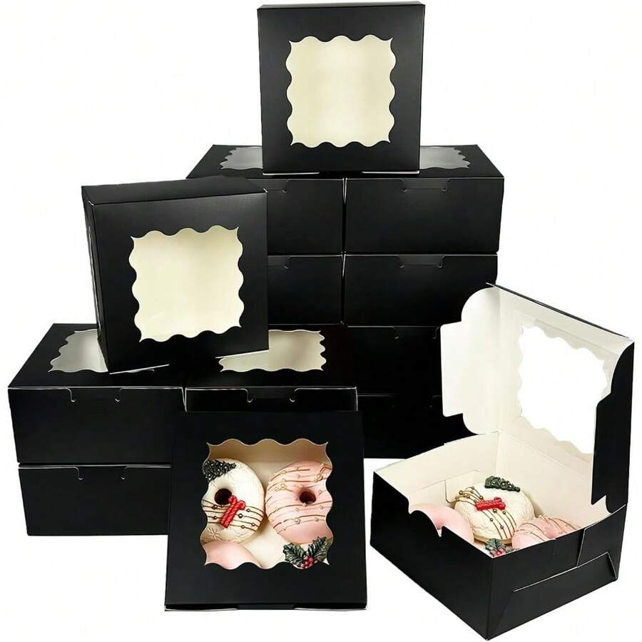 12 paquetes de cajas de panadería con ventana de 6x6x3 pulgadas, gruesas y resistentes, cajas para macarrones, pasteles y galletas para panaderías - Negro - Ver 1