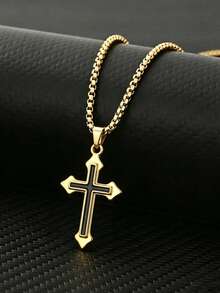 Collar de Cruz Dorada Elegante para Hombres, Cadena de Caja de Acero Inoxidable Pulido Premium, Para Combinar Diariamente, Ocasiones Religiosas & Regalos de Cumpleaños Festivos - Dorado - Ver 3