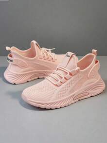 Women's Lightweight Breathable Casual Sports Shoes, Comfortable Running Fitness Sneakers, White Versatile Sneakers Suitable For All Seasons - 粉色 - 查看 2