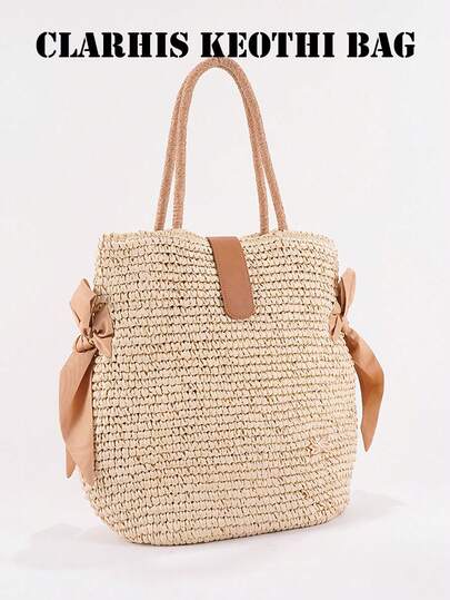 Bolsa de Palha com Decoração de Laço, Textura Tecida Macia e Relaxada, Bolsa Feminina, Combinada com Aba de Couro e Alça de Ombro Larga Tecida, Adequada para Praia, Viagens Curtas, Passeios Diários, Transporte