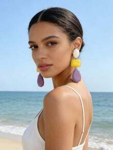 ZA Women's Colorful Resin Geometric Pendant Earrings| Bohemian Style Easter Gift, Beach Party Fashion Jewelry - Bông tai nhựa hình chữ nhật - Xem 1