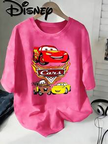 Disney Cars Lightning McQueen Group Vintage Washed Black Oversized Cotton T-Shirt, Retro Sporty Loose Fit Tee For Kids & Adults, Perfect For Disney Fans, Daily Wear & Gift - 玫紅色 - 查看 1