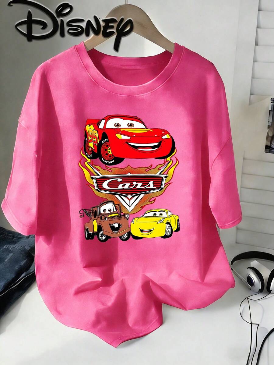 Disney Cars Lightning McQueen Group Vintage Washed Black Oversized Cotton T-Shirt, Retro Sporty Loose Fit Tee For Kids & Adults, Perfect For Disney Fans, Daily Wear & Gift - 玫紅色 - 查看 1