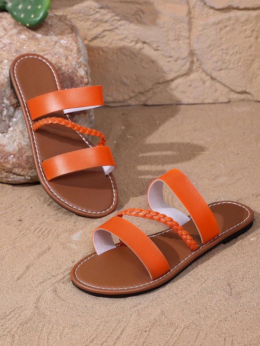 Women's Solid Color Fashion Slippers, Woven Lightweight Flat Sandals, Comfortable Beach Slippers