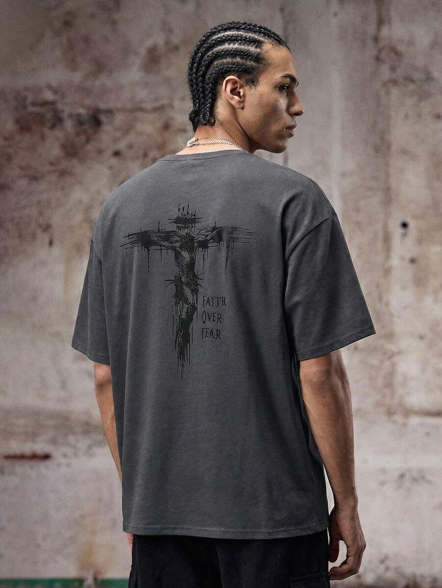 Skyrend Krometka Men's Casual Versatile Cross Print Short Sleeve T-Shirt, Spring/Summer - Dark Grey - View 1