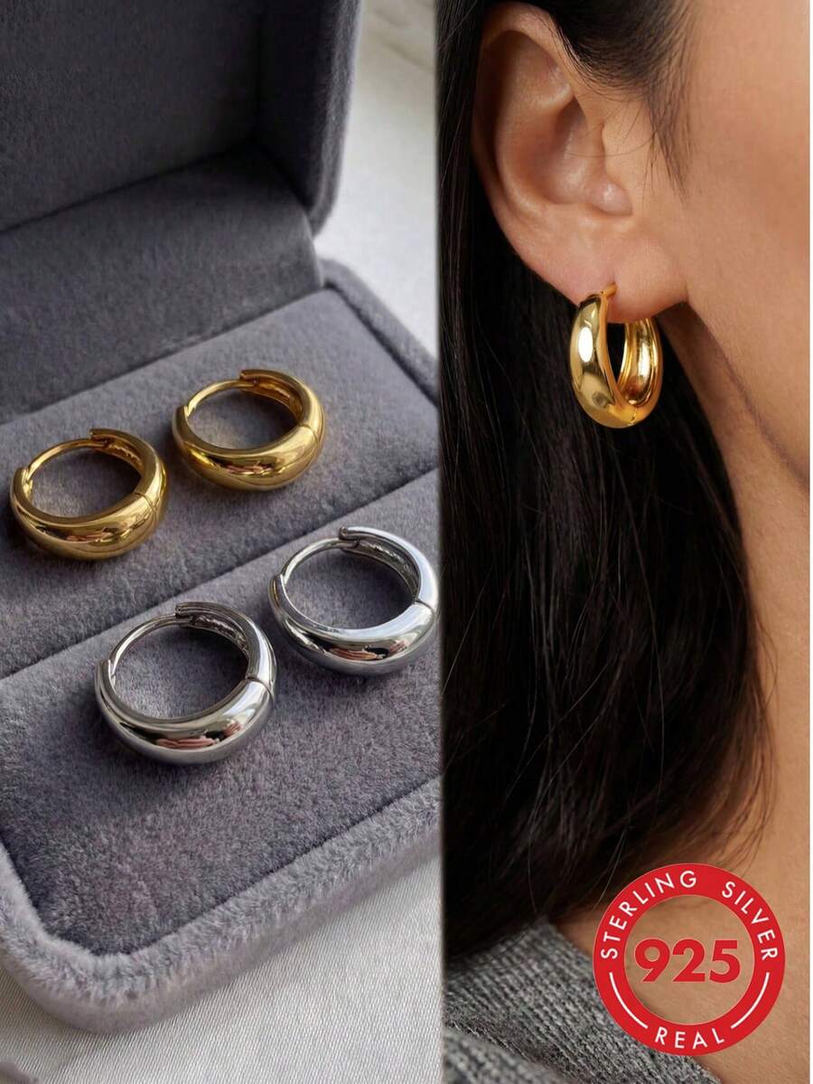 2pcs 925 Sterling Silver Round Hoop Earrings, Simple Silver Earrings For Women, Exquisite Jewelry, Luxury Brand Gift