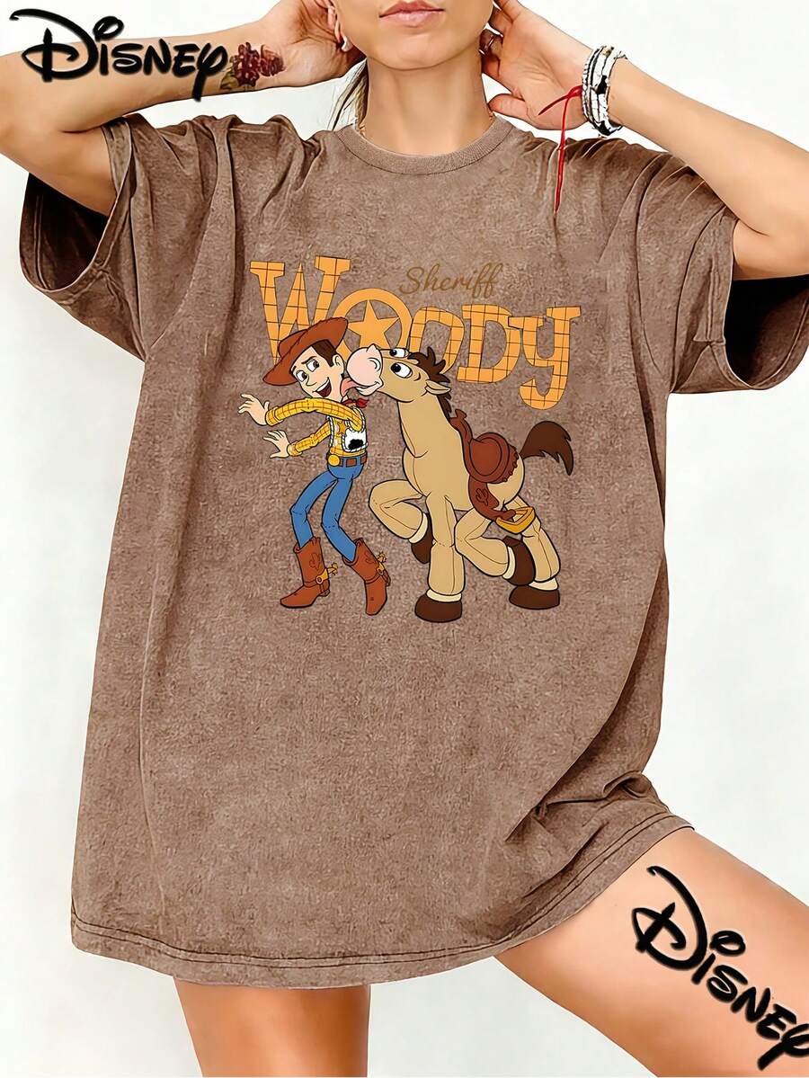 Disney Toy Story Sheriff Woody And Bullseye Vintage Washed Black Oversized Cotton T-Shirt, Retro Loose Fit Tee For Women Men, Perfect For Disney Fans, Daily Wear & Gift - 咖啡棕 - 查看 1