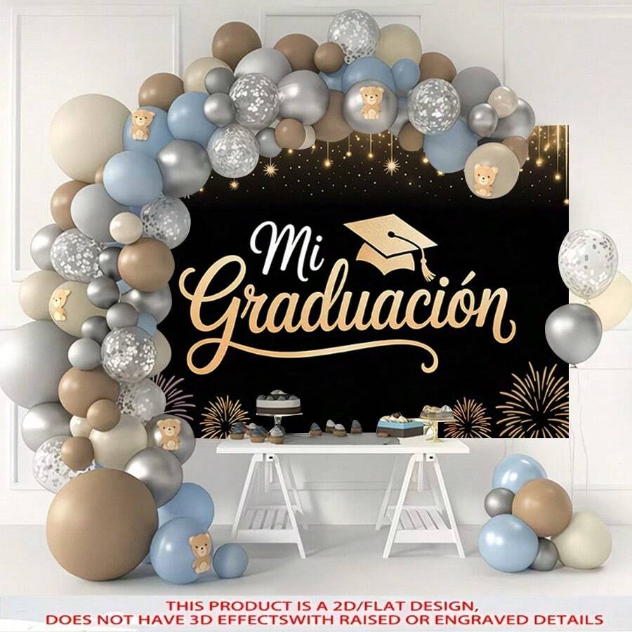 1pc Spanish 'Mi Graduacin' Graduation Banner, Black Golden Fireworks & Mortarboard Design, Party Gathering Decoration Background Decoration, Party Decorations, Photo Props For Anniversaries - Glam Tapestry, Machine Washable, Room Decor, Home Decor For Dorm, Living Room, Bedroom, Office, Garden - Perfect Graduation Decoration, Holiday Decor - 彩色 - 查看 1