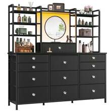 EnHomee Vanity Dresser With 12 Drawers & LED Mirror Lighting, Multifunctional Makeup Storage Chest With Open Display Shelves For Bedroom Wardrobe And Beauty Routine Organization, Black - Black - View 9