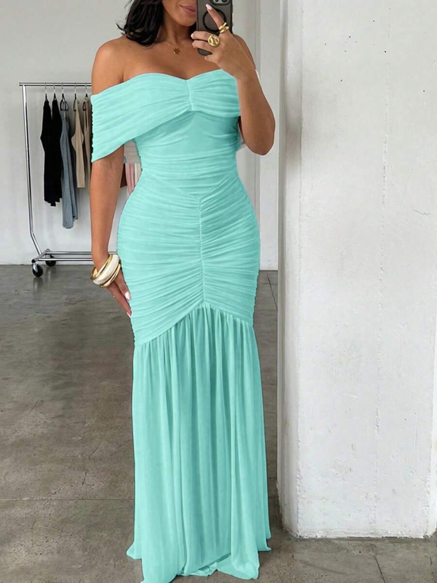 Foldover Off Shoulder Ruched Cinched Waist Minimalist Evening Dress Slim Fit Mermaid Hem Party Dress - Green - View 1
