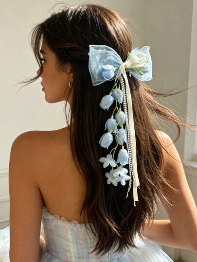3/2pcs Cute Women Sheer Organza Bow Hair Clips, Dangling Lily Of The Valley & Tulip Flower Strings, Soft Spring Loaded Hair Clips, Perfect For Sweet Campus Style, Beach Photography, Summer Music Festival And Boho Travel Hair