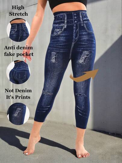 Shorts décontractés mode femme en faux denim bleu foncé, longueur 7/10, déchirés, imprimés, taille haute élastique, coupe skinny. Polyvalents pour l'extérieur, les vacances, les fêtes, les courses, la marche