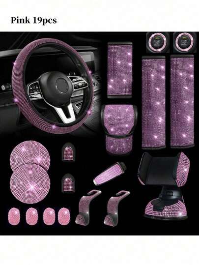Juego de 19 piezas de decoración de coche para mujer, incluye funda de volante, funda de cinturón de , funda de palanca de cambios, soporte para teléfono, portavasos, etc., juego de 7 piezas en negro, blanco, rosa, rojo, kit de decoración interior de coche moderno y lindo
