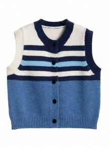 Áo vest dệt kim cổ tròn kẻ sọc dáng thường ngày dành cho nữ, thích hợp cho mùa xuân/hè. - Xanh và trắng - Xem 5