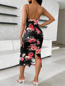 ChicMe Women's Floral Lace Patchwork Spaghetti Strap Split Midi Dress, Elegant For Vacation, Cocktail Party Black Summer - Black - View 3