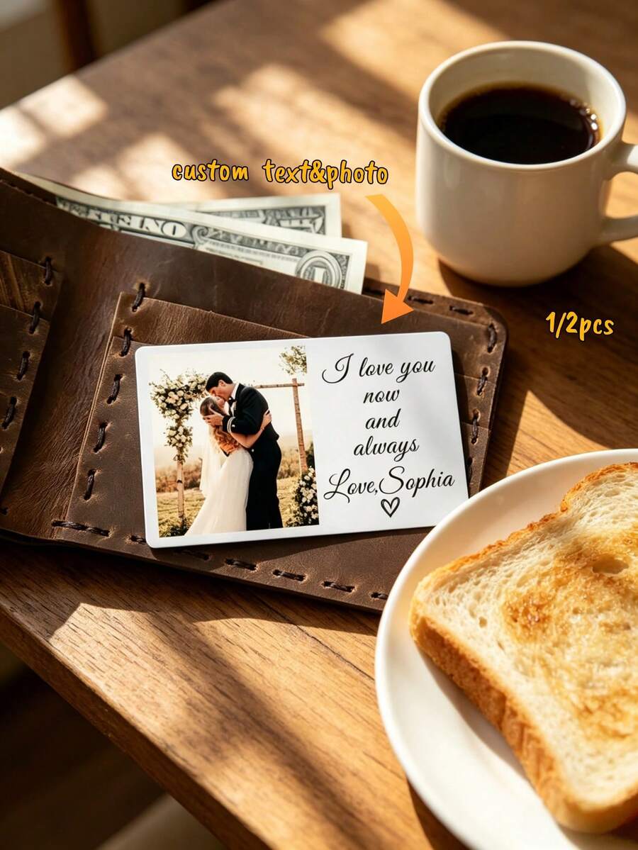 1/2pcs Personalized Wallet Card With Photo & Custom Text, Engraved Sentimental Memorial Card, Pocket Keepsake Gift For Him/Her, Anniversary, Valentine's Day, Birthday Gift For Husband, Wife, Boyfriend, Girlfriend