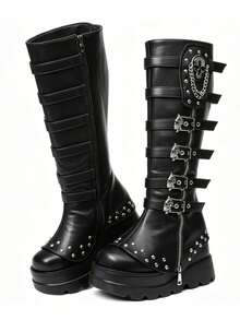 Women Wedge Punk Mid Calf Boots Ladies Shoes Platform Knee High Goth Boots With Chain Zipper Buckle Decor Chunky Heel Combat Boots ALL Season Outdoor Footwear - 黑色 - 查看 6