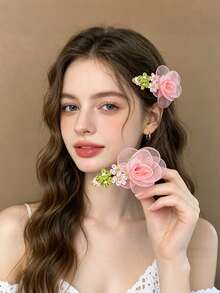 2 Peças Clipes Laterais Florais de Camélias Artificiais do Início do Verão - Clipes Florais de Fada - Acessórios para Cabelo de Franja e Cabelo Partido - Multicolorido - Visão 1