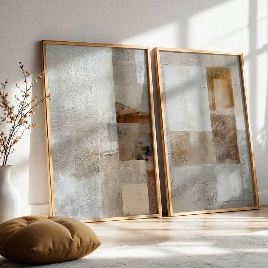 2 Piezas de Pósters de Arte para Pared - Pinturas Modernas Abstractas de Graffiti en Lienzo, Impresiones de Textura en Beige Suave y Marrón, Ideales para Decoración de Dormitorio y Sala, Regalo de Inauguración de Casa, Marco No Incluido (Compatible para Enmarcar) - Sin marco - Ver 1
