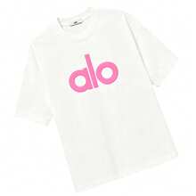 Alo Yoga White Short-Sleeve T-Shirt With Pink Label Front And Back - American Heavyweight Pure Cotton Loose Fit Unisex Couple Style Casual Sports Top - Xem 5